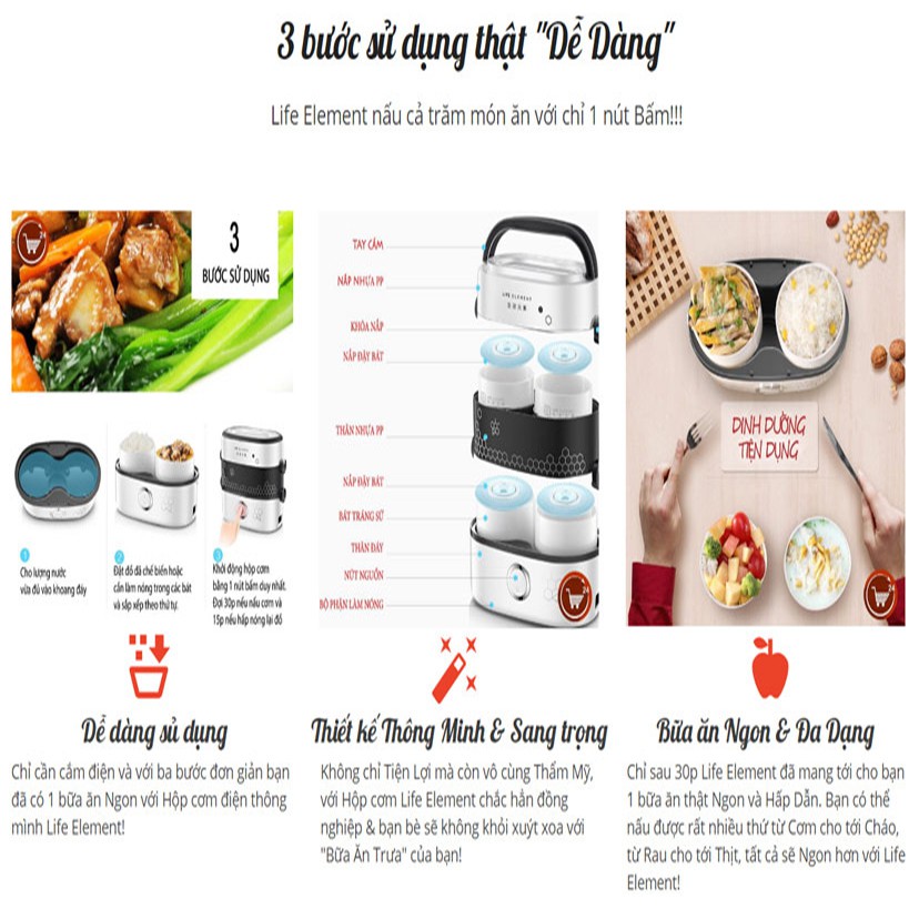 Hộp cơm điện 4 bát gốm sứ 2 tầng, Nồi cơm mini cho dân văn phòng, hộp cơm hâm nóng Life Element | BigBuy360 - bigbuy360.vn