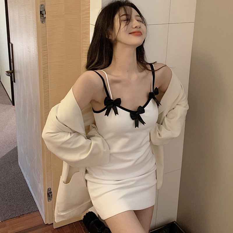 Đầm Ôm Hai Dây Phối Nơ Thời Trang Thanh Lịch Dành Cho Nữ
