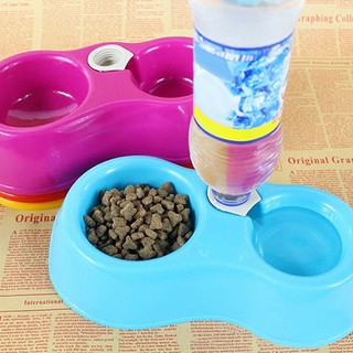 Khay đựng thức ăn 2 ngăn cho thú cưng kèm lỗ cắm chai nước tiện lợi