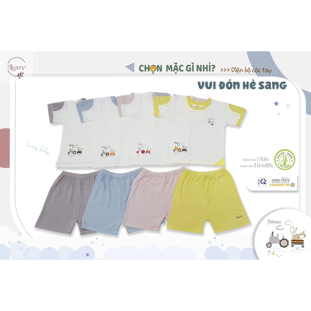 Bộ quần áo cộc tay cổ tròn phối màu chất liệu vải mát, mềm mịn nhà Luxry cho bé từ 3 tháng đến 4 tuổi