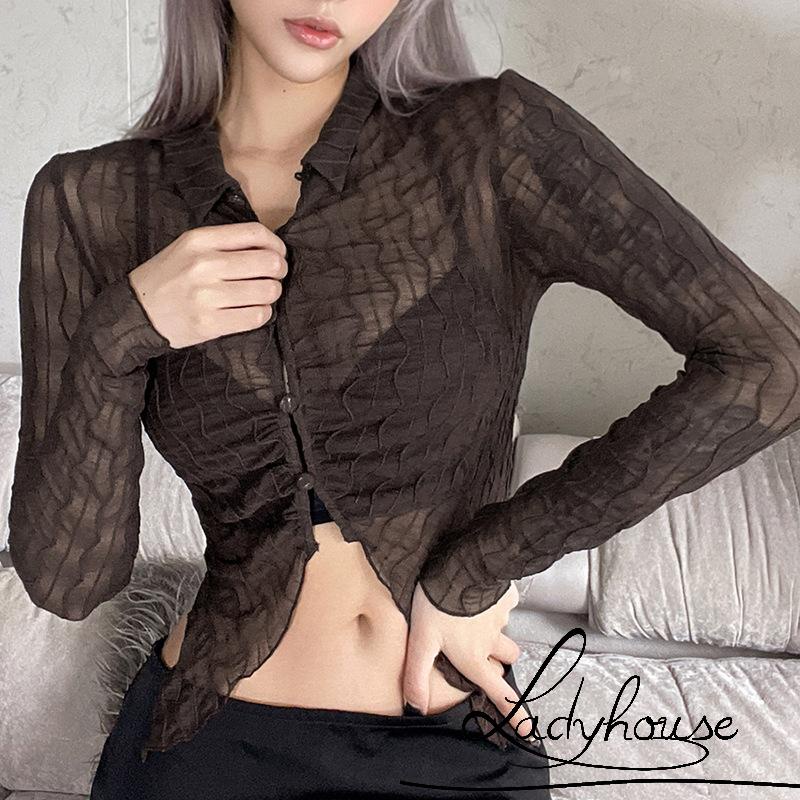 Áo Sơ Mi Croptop Tay Dài Vải Mỏng Màu Trơn Cài Nút Thời Trang Mùa Hè Cho Nữ