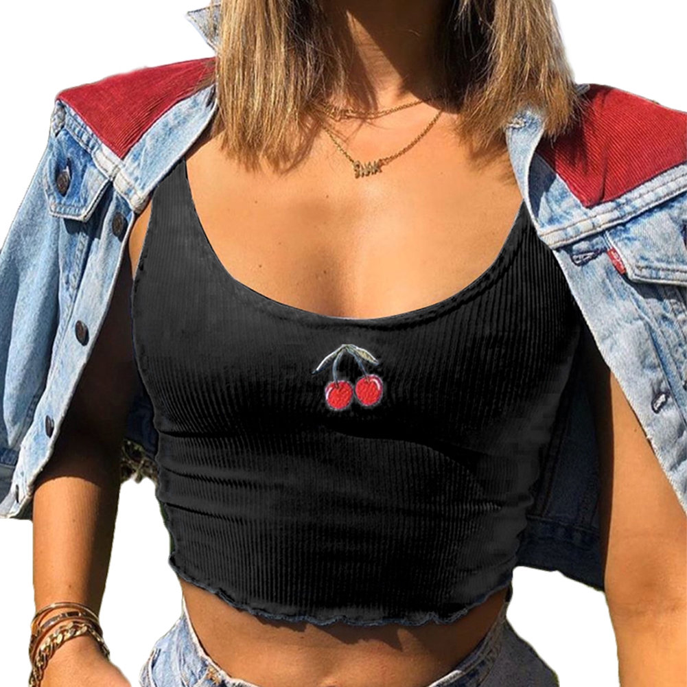 Áo Croptop Hai Dây Thêu Hình Quả Cherry Thời Trang Cho Nữ