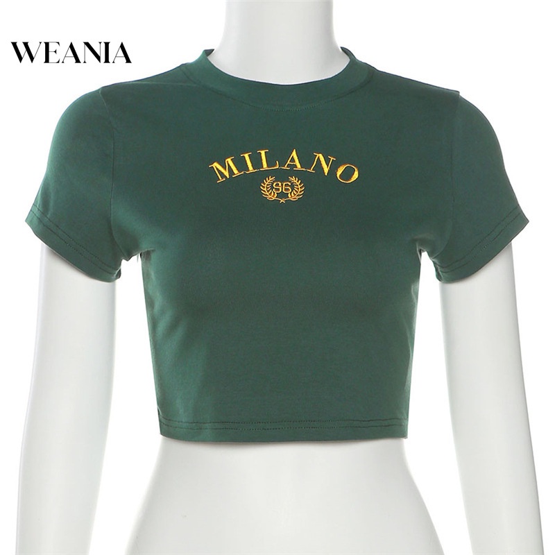 Áo Thun Croptop Thêu Chữ Milano Thiết Kế Đơn Giản Cho Nữ