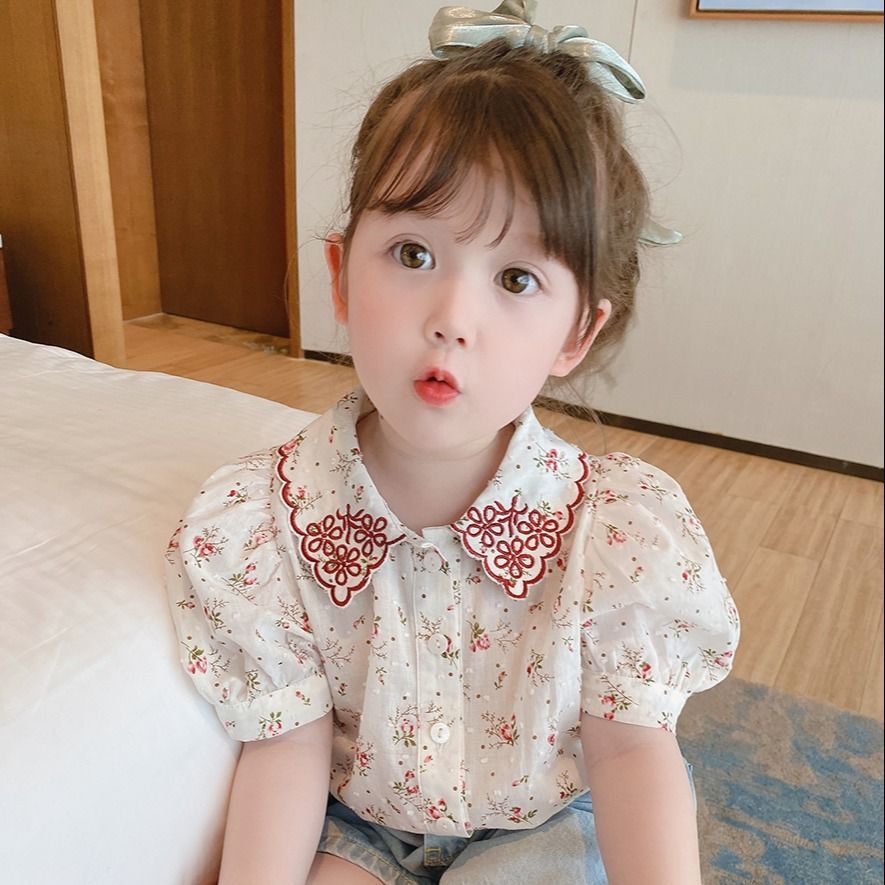 Áo Sơ Mi Cotton Ngắn Tay Họa Tiết Hoa Phong Cách Retro Phương Tây Cho Bé Gái
