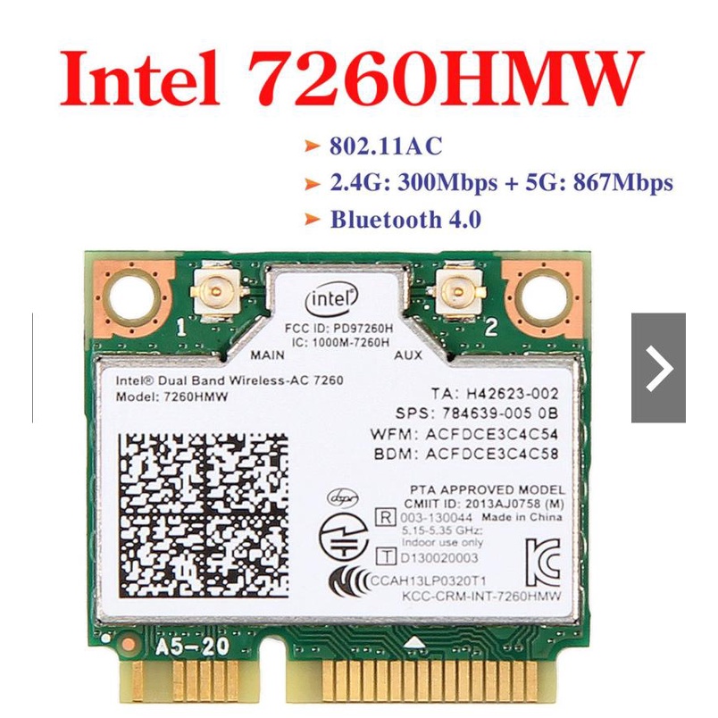 Card Wifi AC 7260HMW Mini PCI-E BT4.0 INTEL - bắt sóng Wifi 2 băng tần 2.4Ghz và 5.0 Ghz tích hợp Bluetooth 4.0