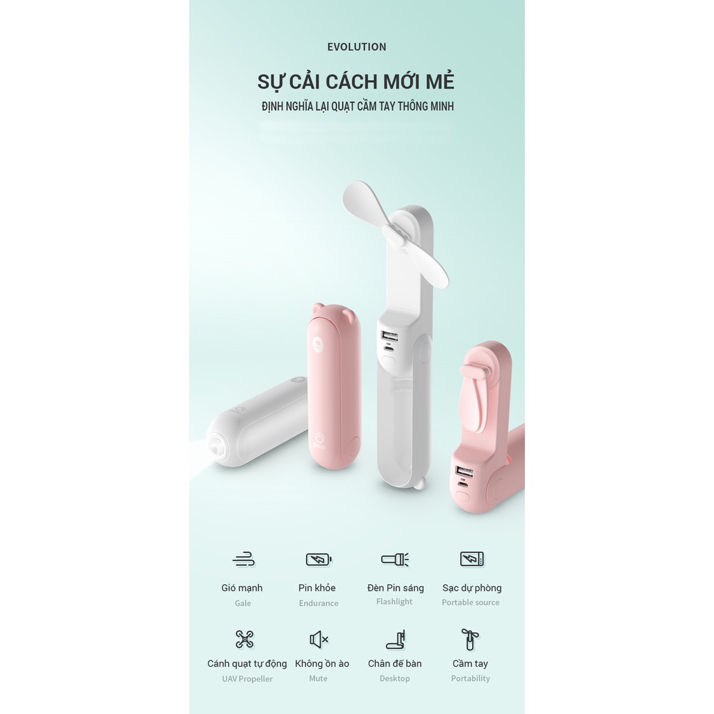 Quạt mini cầm tay chính hãng JisuLife, tích hợp sạc dự phòng và đèn, thiết kế hình gấu, nhỏ gọn, cầm tay dễ dàng, | BigBuy360 - bigbuy360.vn