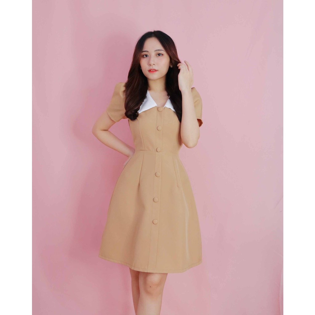 Đầm nữ công sở xinh thanh lịch cổ v trắng thiết kế chữ a tay ngắn thời trang trẻ trung đi làm đi tiệc – Thời trang Lux W