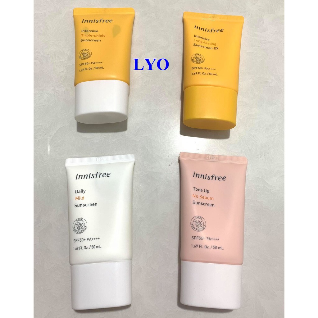 Kem chống nắng Innisfree No Sebum hồng , Long Lasting ,  Mild , vàng Triple Shield  Sunscreen SPF 50+/PA++++ 50ml.