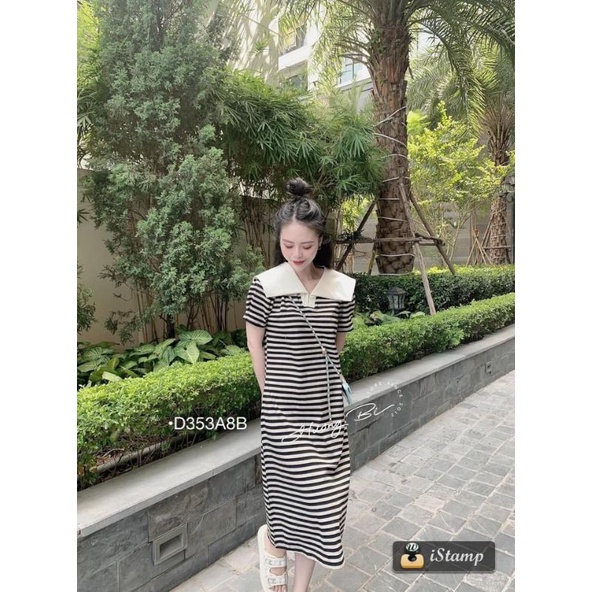 Đầm Dài Maxi Thun QC Kẻ Dáng Suông Váy Polo Sọc Ngắn Tay Cổ Bèo Trắng Cotton Co Dãn
