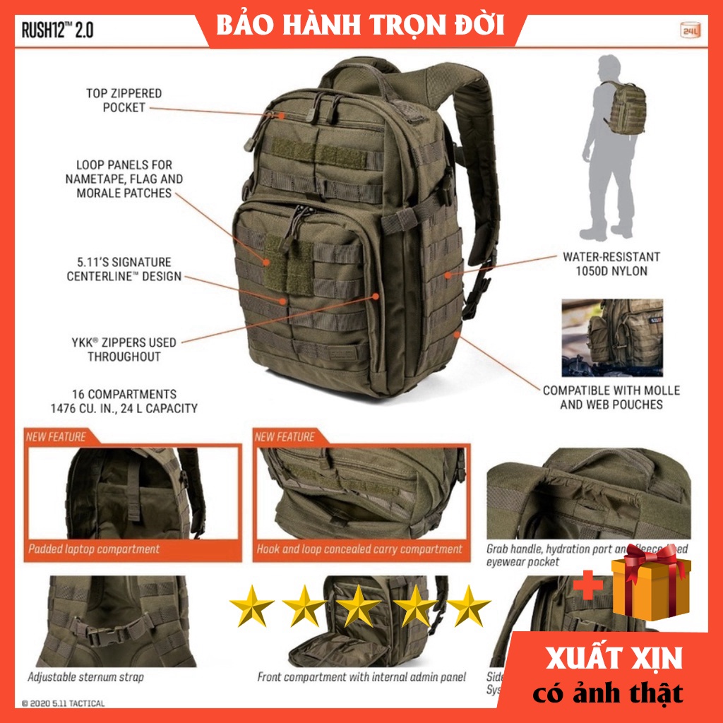Balo phượt 5.11 Tactical Rush 12 -511⚡️[ HÀNG XUẤT DƯ ] ⚡️balo leo núi chiến thuật tactical du lịch chống nước tuyệt đối