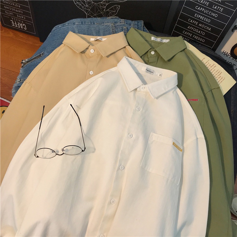 Áo Sơ Mi Tay Dài Dáng Rộng Màu Sắc Trơn Thời Trang Mùa Thu Phong Cách Hàn Quốc Cho Nam Giới