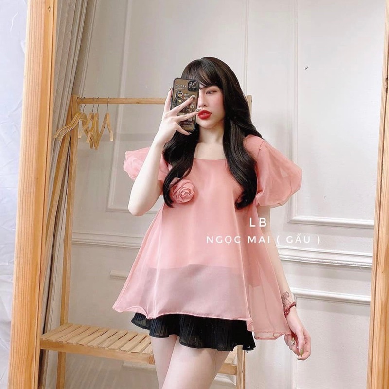 Áo tơ tay bồng hoa ngực cổ vuông hàng tiểu thư cao cấp