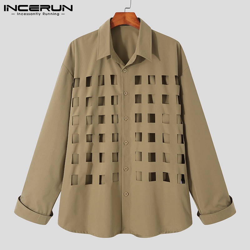 Áo sơ mi INCERUN tay dài cổ bẻ khoét lỗ 2 màu sắc tùy chọn thời trang dành cho nam