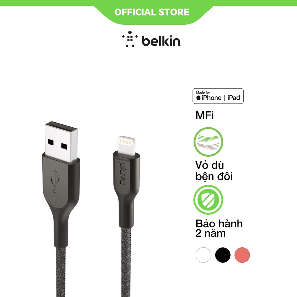 Cáp sạc Lightning Belkin Playa vỏ dù, 1m & 2m - dành cho iPhone, iPad và AirPods - Bảo Hành 2 Năm