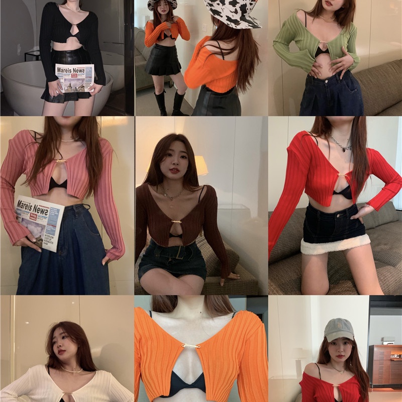 SUXI Áo Croptop Tay Dài Thiết Kế Cổ Chữ V Khoét Sâu Màu Sắc Thanh Lịch Quyến Rũ