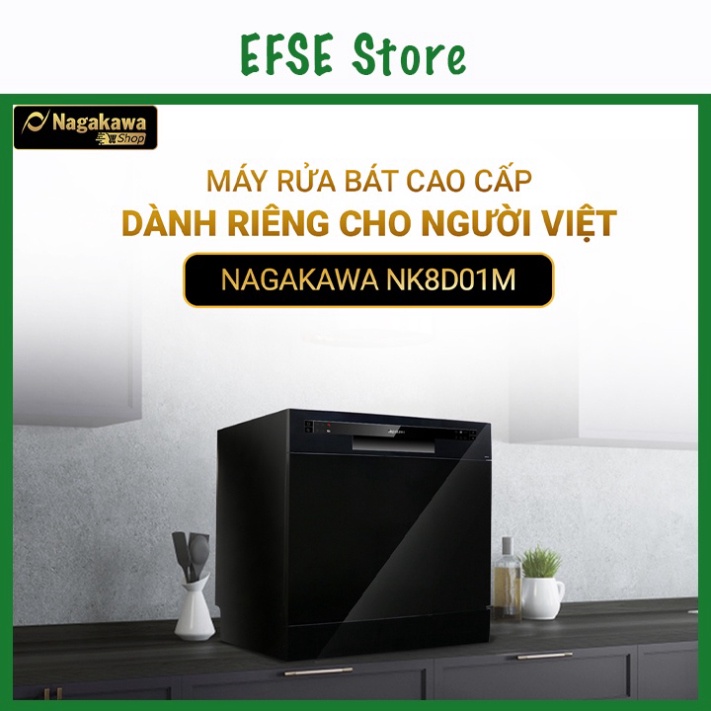 Máy rửa chén bát 8 bộ cao cấp Nagakawa NK8D01M - Bảo hành 2 năm - Made in Malaysia Hàng chính hãng