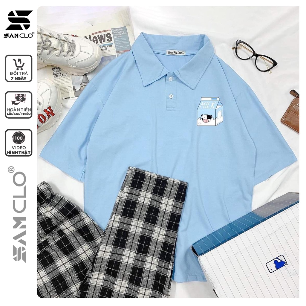 Áo thun Polo tay lỡ form rộng nữ SAM CLO phông freesize unisex mặc đi học, nhóm, lớp in hình HỘP SỮA ĐẦU BÒ