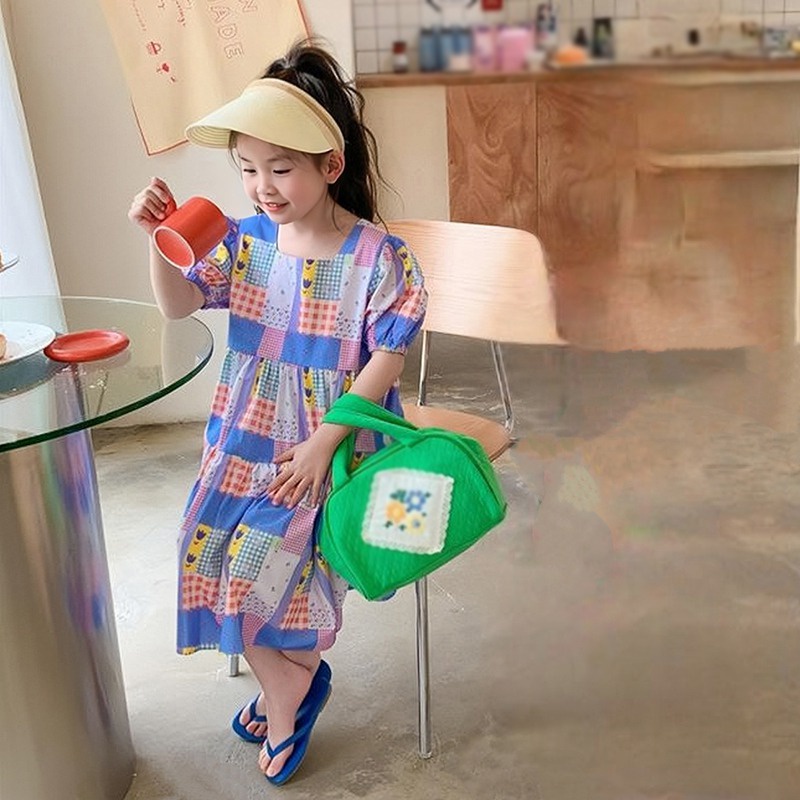 Đầm Tay Phồng Cổ Vuông Họa Tiết Sọc Caro Dễ Thương Phong Cách Hàn Quốc Thời Trang Mùa Hè Cho Bé Gái