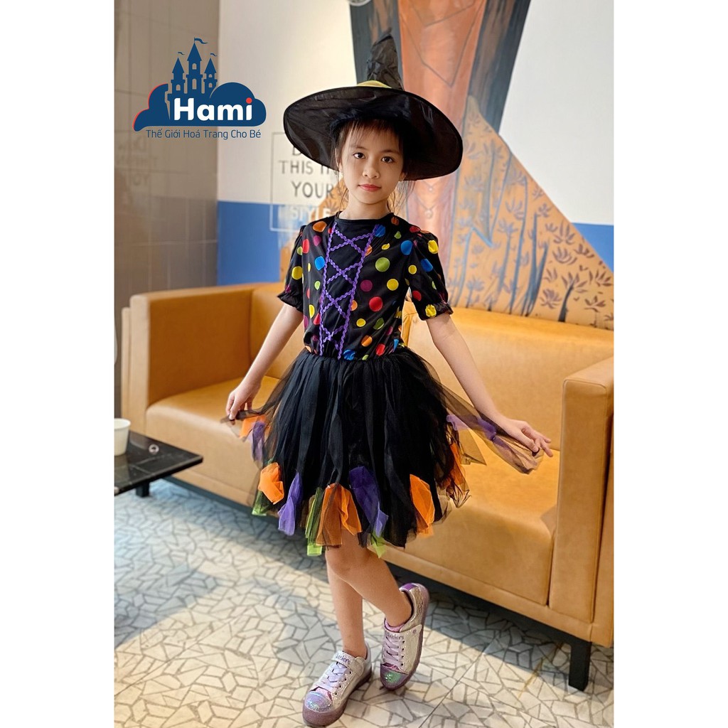 HM0049 - Đầm Hóa Trang Phù Thủy Chấm Bi Kèm Nón Cho Bé Gái