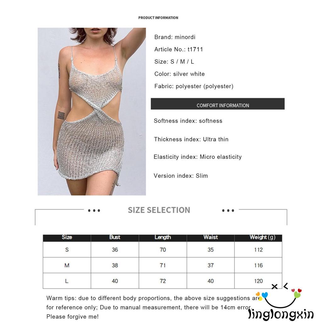 Linglongxi2 Đầm Dây Mini Hai Dây Ôm Eo Khoét Rỗng Không Tay Cho Nữ