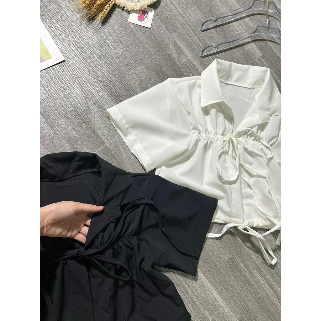 Áo croptop cổ sơ mi, áo kiểu nữ tay ngắn cột nơ G57
