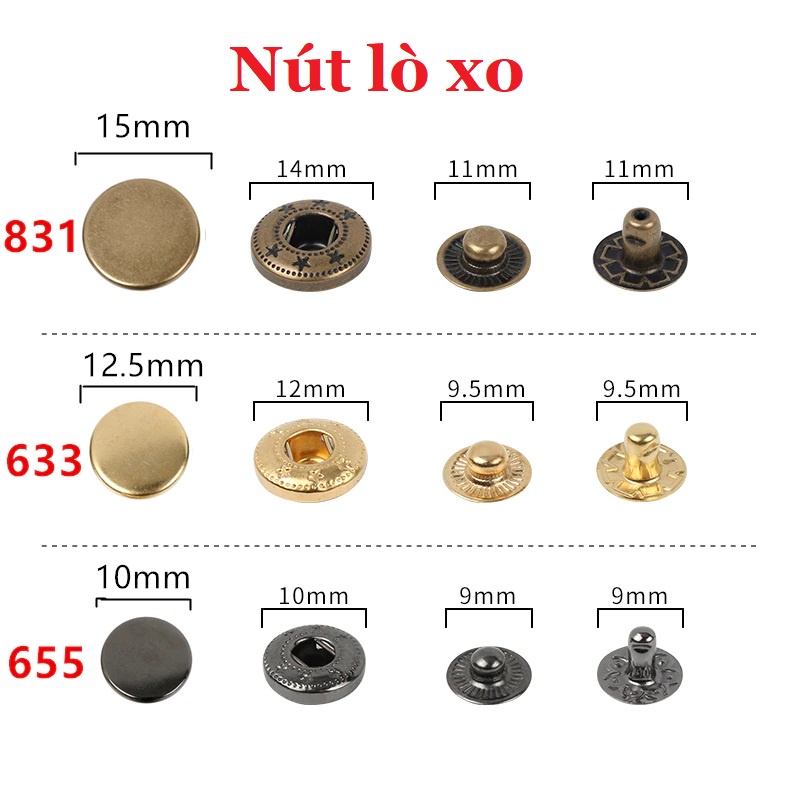 Nút bấm kim loại bấm áo khoác, đồ da, quần jean Hợp kim Không gỉ Nhiều màu Size 10,13,15,17mm Bịch 20bộ Phụ liệu may mặc