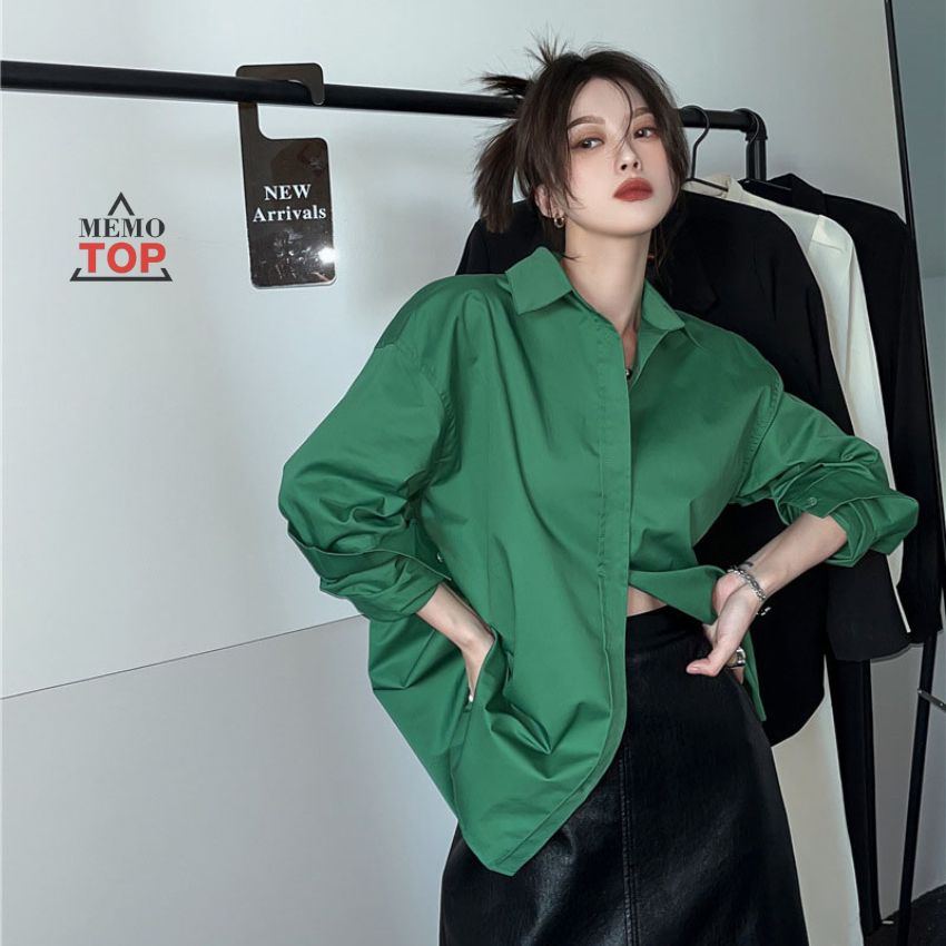 Áo Sơ Mi Tay Dài Xanh Lá Form Rộng Nam Nữ Unisex Giấu Cúc Hot Trend Street Style MEMOTOP MM03