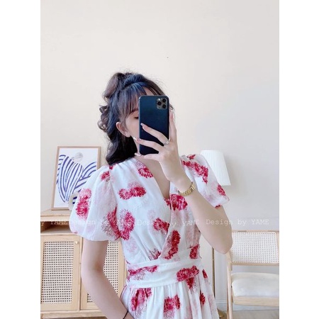 Váy đầm hoa nữ ngắn tay dáng dài cổ V tay bồng bo chun đai eo bản to có lớp lót lụa YAME
