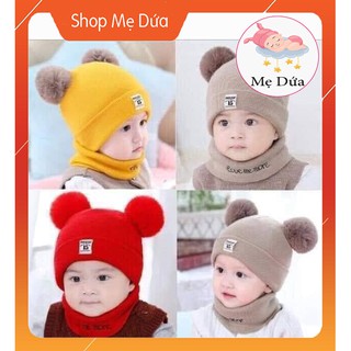 Set mũ len 2 quả bông kèm khăn cho bé 💗