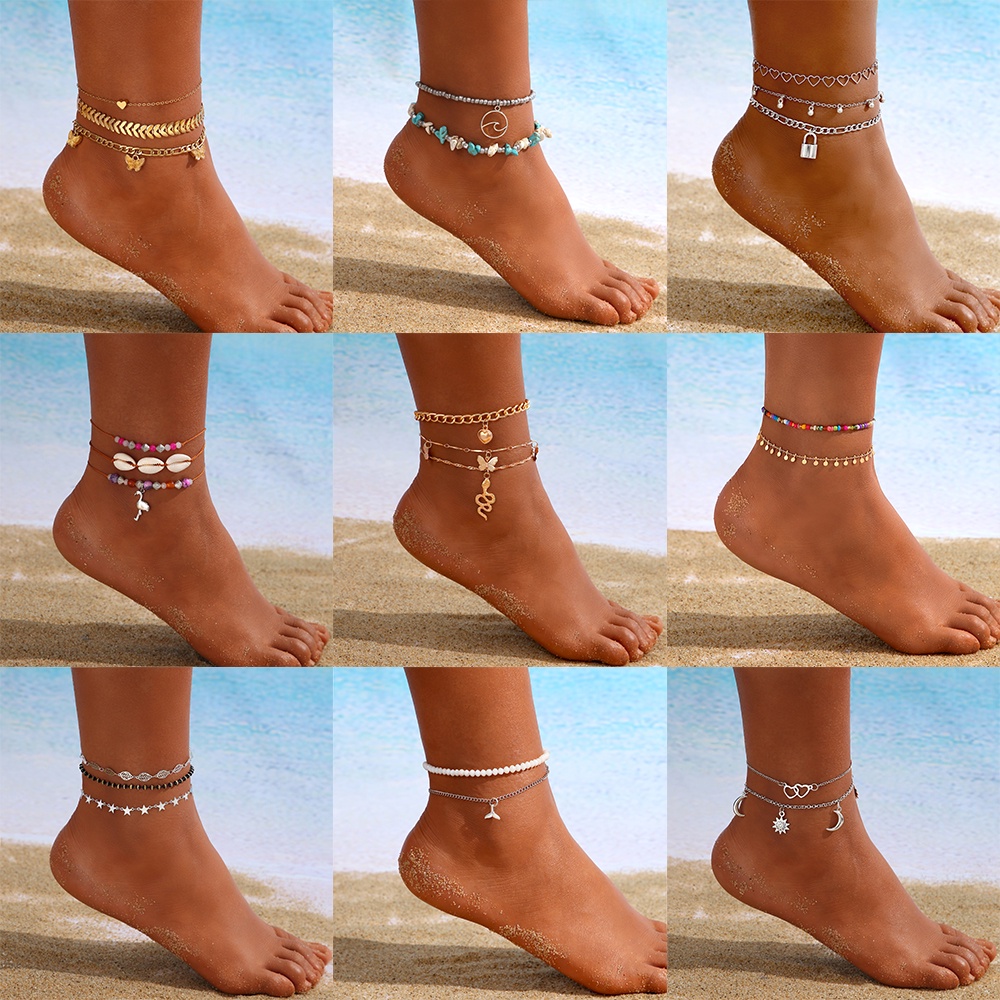 Bộ vòng lắc chân 17KM gắn hình trái tim bướm đính pha lê thời trang Bohemia