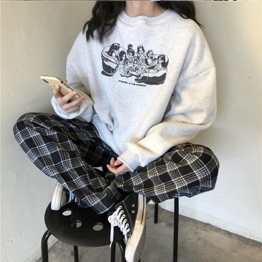 Bộ Quần Áo Nỉ SOFAR Nữ [FREESHIP] Set culottes kẻ caro, thun sweater dài tay form rộng cá tính Ulzzang HOT