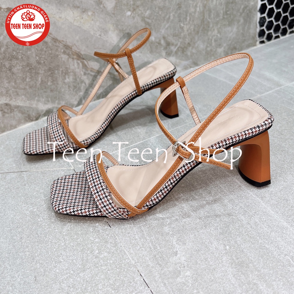 Giày sandal nữ quai chéo đế trụ 5 phân, Guốc phối kẻ caro, Teen Teen Shop mã SandalLV
