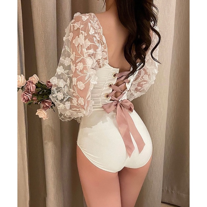 Bikini ren một mảnh đi biển che giấu khuyết điểm tôn dáng màu trắng thắt nơ sau chụp hình siêu sinh - QCCC