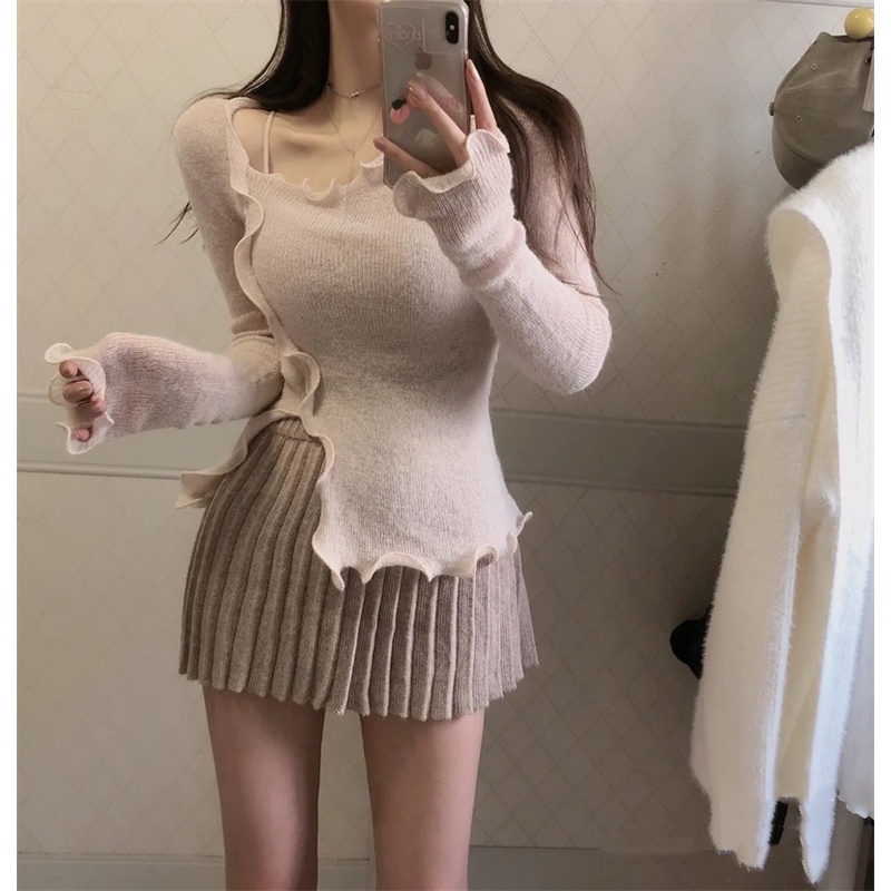 áo thun tay dài chất liệu lông ngựa và chân váy xếp ly cỡ nhỏ màu trơn ngọt ngào dành cho nữ