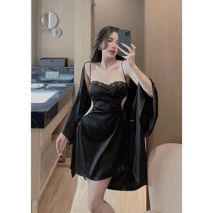 Váy Ngủ Sexy - Đầm 2 Dây Cúp Ngực Rút Eo Kèm Áo Choàng Tay Loe Rộng Lụa Latin Siêu Sang Freesize