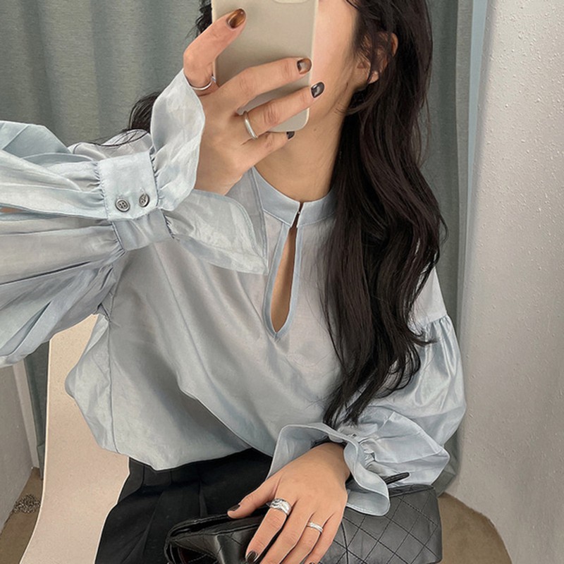 Áo kiểu nữ áo sơ mi cổ tàu tay bồng