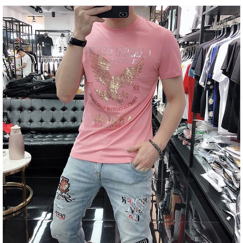 Áo Thun Tay Ngắn Cổ Tròn In Hình Đại Bàng 47% Vải Lụa Lạnh Nhanh Khô Thời Trang Mùa Hè Cho Nam