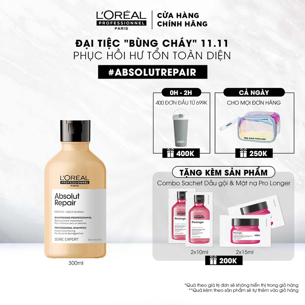 [Mã FMCGBMO giảm 10% đơn 500k] Dầu gội phục hồi hư tổn toàn diện Serie Expert Absolut Repair Gold 300ml