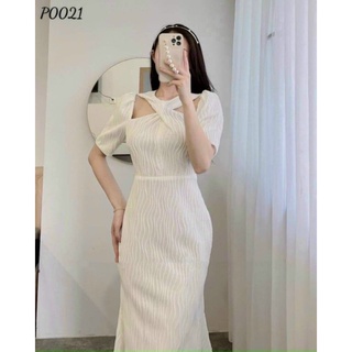 ĐẦM MIDI TRẮNG CHÉO CỔ YẾM
