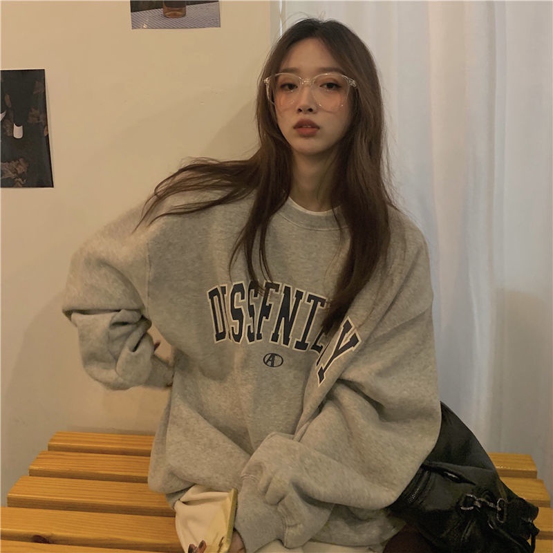 Áo sweater nữ dáng rộng phối nhung phong cách Hàn Quốc mới mùa thu đông 2021