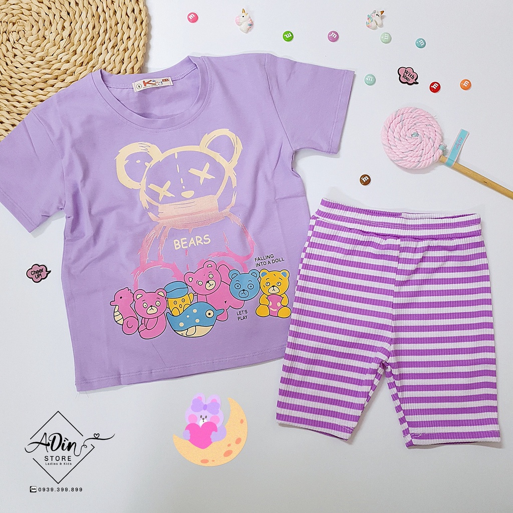 (10-40kg) Set bộ King BB bé gái gấu tím áo phom dài kết hợp thun gân