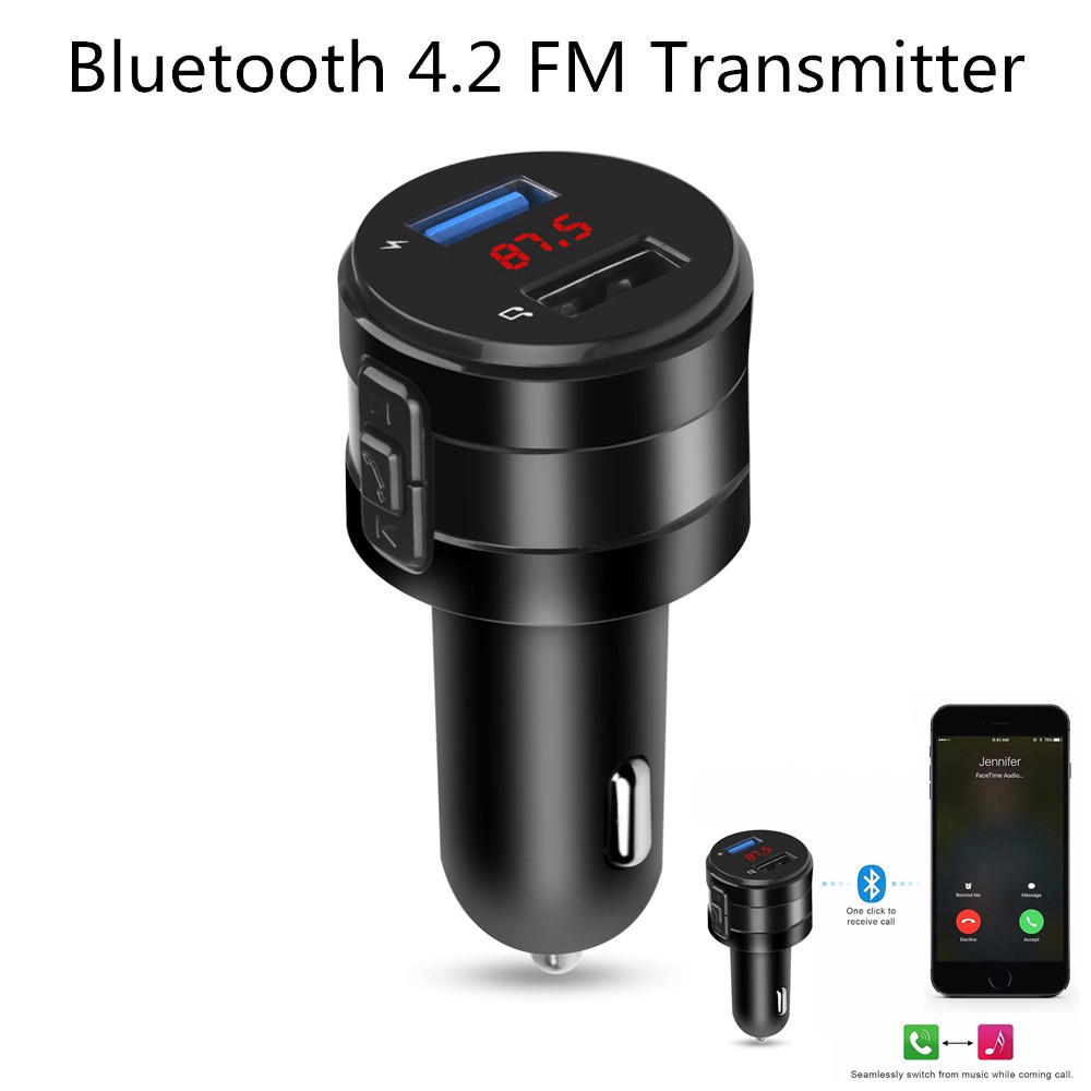 Tẩu sạc xe hơi kết nối Bluetooth 4.2 fm 2 cổng USB 3.1A