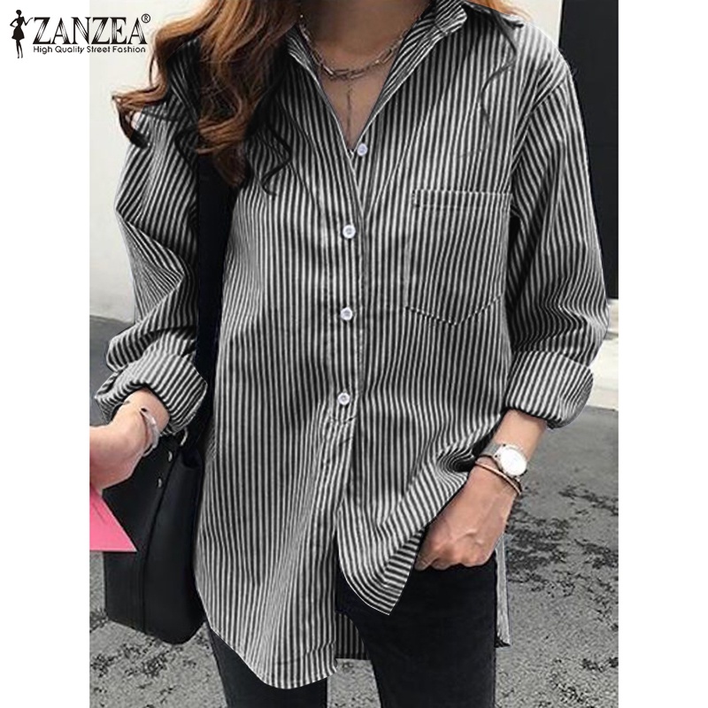 Áo sơ mi ZANZEA tay dài cổ bẻ in họa tiết sọc thời trang cho nữ