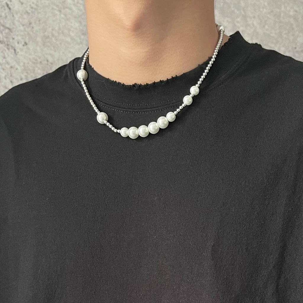 vòng cổ Thép Titan Đính Ngọc Trai Phong Cách Hip Hop Cá Tính