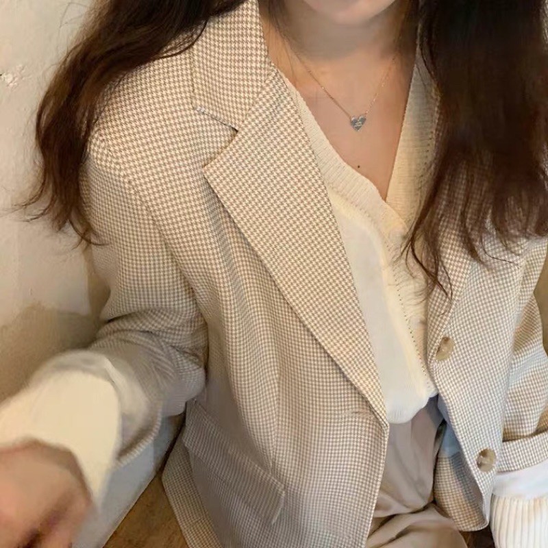 (Hàng có sẵn ) Siêu phẩm Áo Blazer cao cấp kẻ nhỏ ánh be vàng (phom rộng)