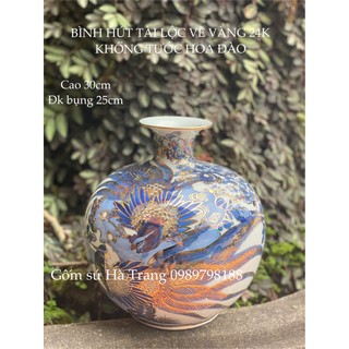 Bình hút tài lộc gốm sứ  Bát Tràng vẽ vành 24k hoạ tiết khổng tiết hoa đào cao 30cm