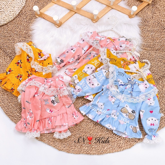 Bộ pijama thô phối ren ngực siêu chảnh cho bé gái - BPR