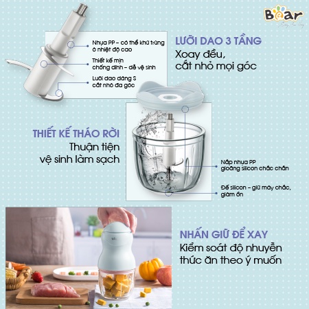 Máy Xay Mini Đa Năng Bear 0.3L GR-B03V2, Máy Xay Sinh Tố, Thực Phẩm, Ăn dặm Cho Bé, Hàng Chính Hãng Có Bảo Hành