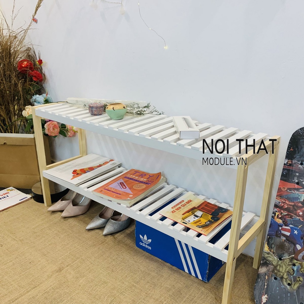 Kệ gỗ 2 tầng trang trí decor phòng, Giá gỗ 2 tầng mầu trắng phong cách hàn quốc