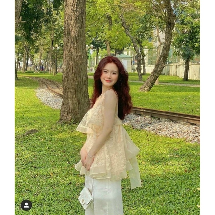 Set áo ren nude nơ, quần suông trắng chất voan tơ, áo hai dây form xoè nơ lynhsynh